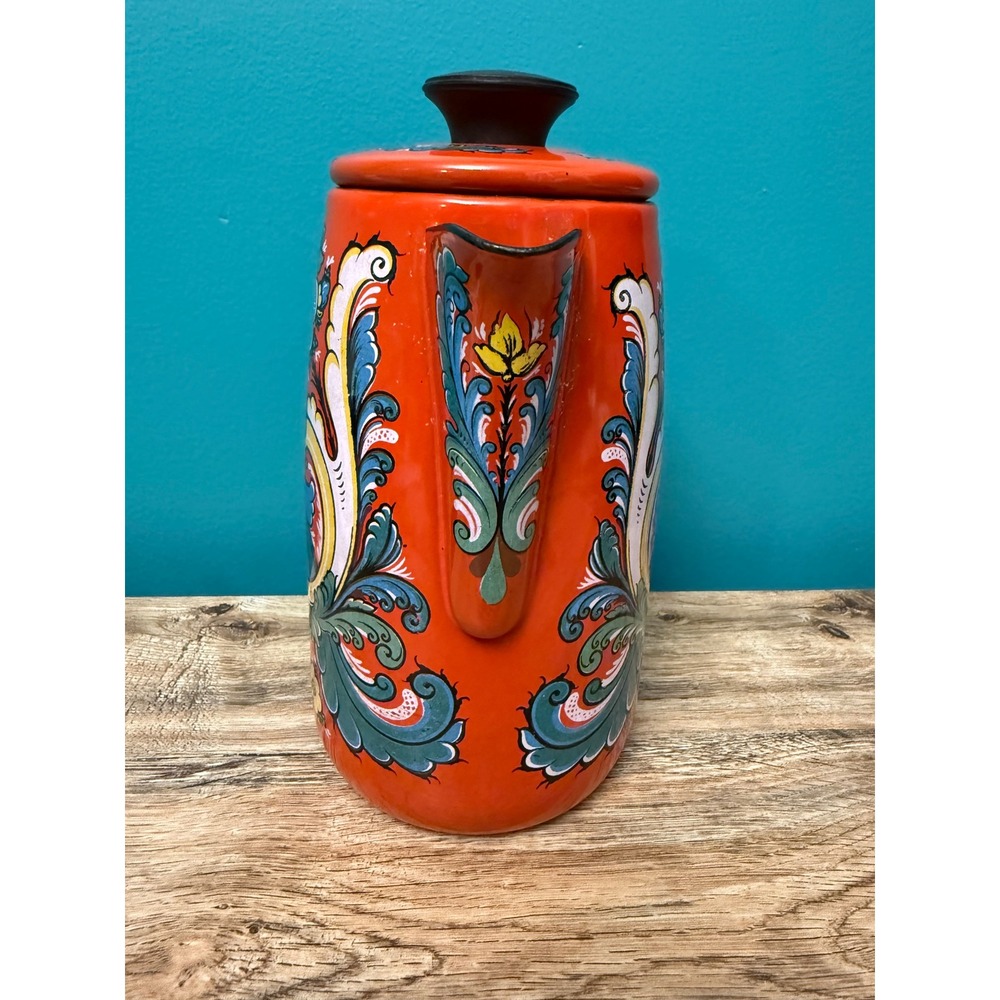 Scandinavian Vintage Coffee Pot Orange Floral Enamelware Retro Boho MCM Carafe - Picture 4 of 8